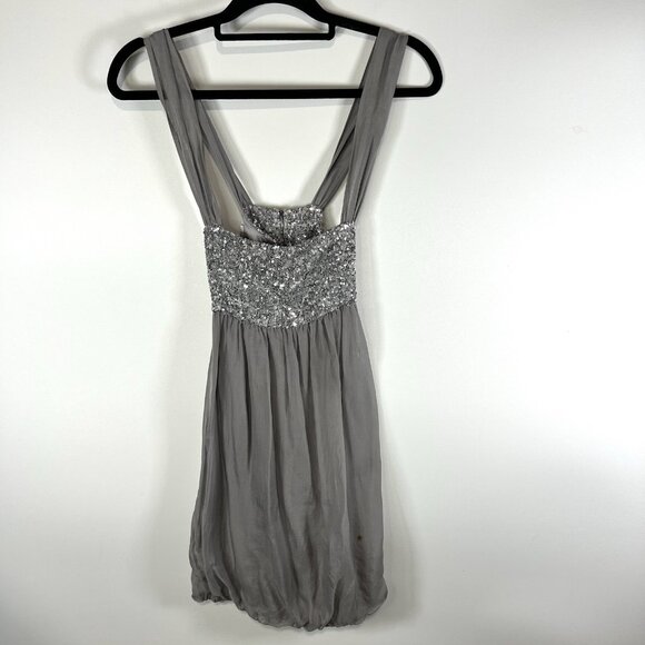 Alice‎ + Olivia Silk Dress Babydoll Sequin Bust  Gray Silver Fairy Glam Sz M - Picture 1 of 9